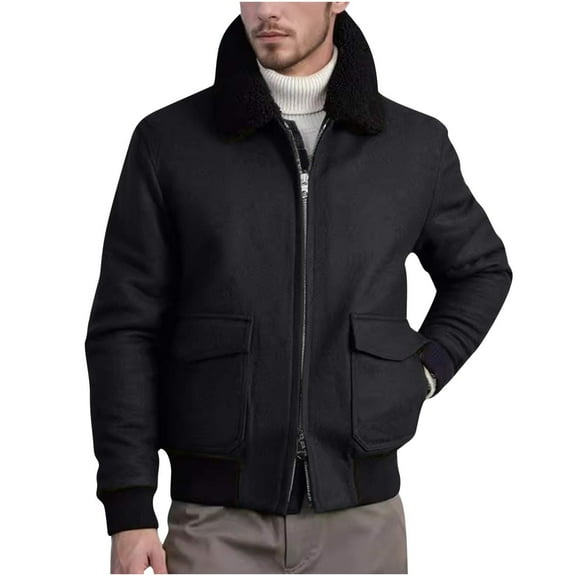 zfhfof Men's Shearling Bomber Jacket with Faux Fur Collar Fall Winter Warm Work Cargo Coat Casual Full Zip Stand Collar Outwear