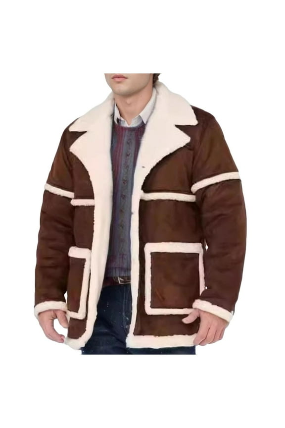 Men's Sherpa Fleece Lined Suede Leather Jacket Winter Warm Thicken Lapel Collar Outwear Coat with Pockets