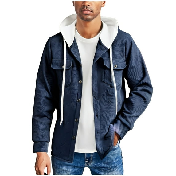 zfhfof Men's Shirt Jackets Long Sleeve Button Down Shacket Hoodies Jacket Casual Drawstring Hooded Coat with Pocket