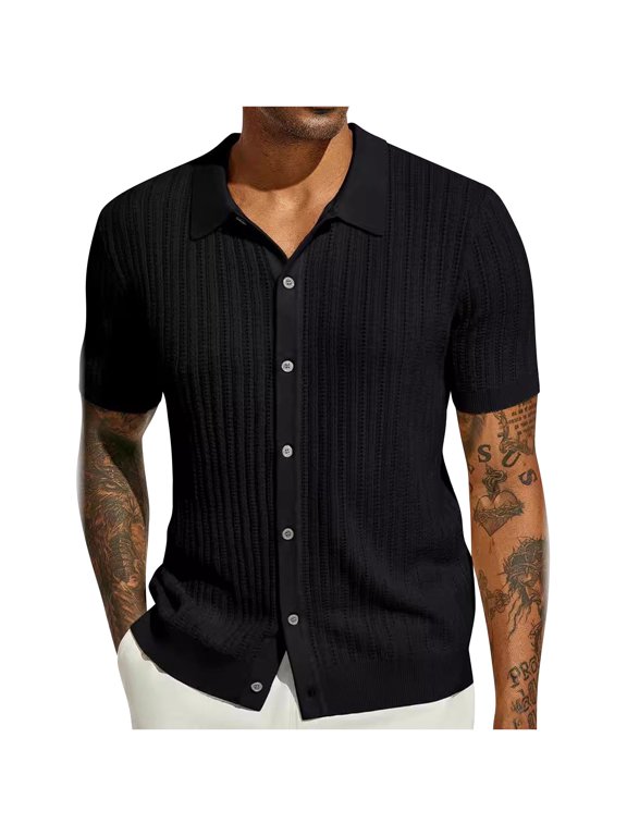 Men's Short Sleeve Cuban Guayabera Shirt Casual Button Down Shirt Vintage Knitted Golf Beach Tops