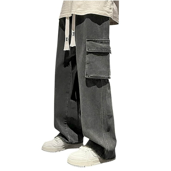 zfhfof Men's Straight Leg Cargo Jeans Y2k Vintage Streetwear Wide Leg Baggy Denim Pants Drawstring Elastic Waist Jean