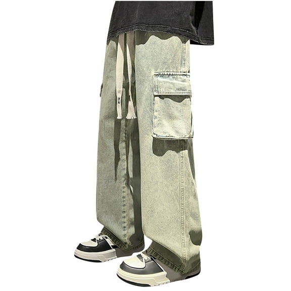 zfhfof Men's Straight Leg Cargo Jeans Y2k Vintage Streetwear Wide Leg Baggy Denim Pants Drawstring Elastic Waist Jean
