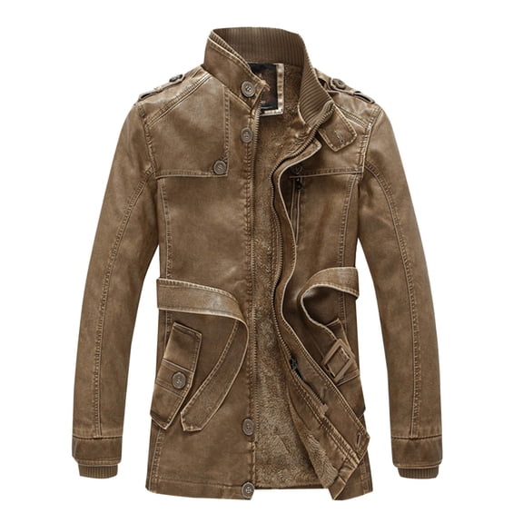 zfhfof Men's Vintage Faux Leather Jacket Fleece Sherpa Lined Long Trench Coats Full Zip Stand Collar Motorcycle Jacket Overcoat