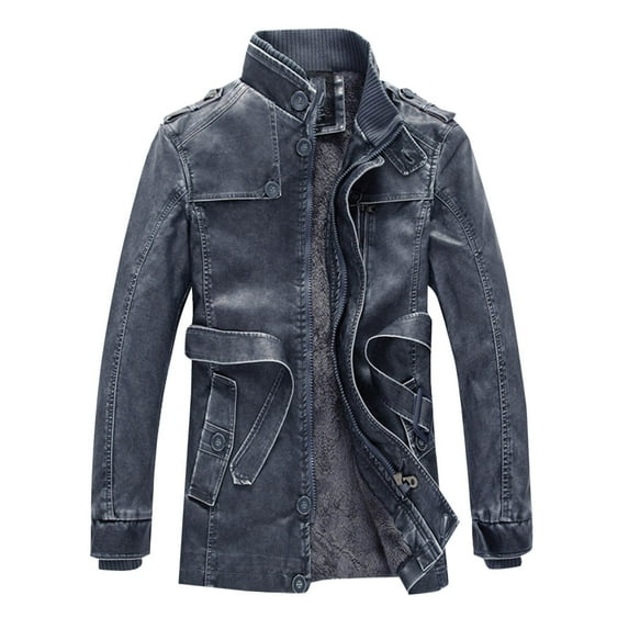 zfhfof Men's Vintage Faux Leather Jacket Fleece Sherpa Lined Long Trench Coats Full Zip Stand Collar Motorcycle Jacket Overcoat