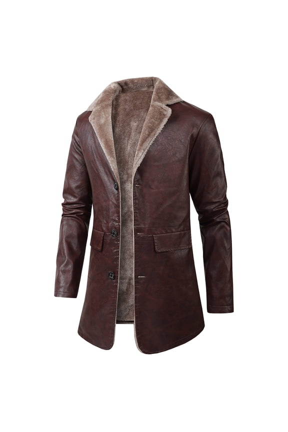 Men's Vintage Faux Leather Jacket Winter Thick Fleece Lined Shearling Notched Collar Overcoat Botton Down Long Trench Coats with Pockets