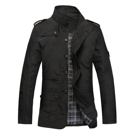 zfhfof Men's Windbreaker Jackets Slim Stand Collar Single Breasted Plaid Lined Outwear Jacket Office Trench Coat with Pockets