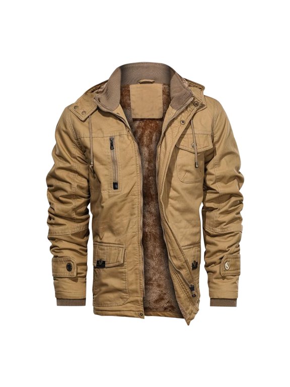 Men's Winter Coats Casual Thicken Multi-Pocket Hooded Work Jacket Outwear Fleece Lined Cargo Jackets Coat