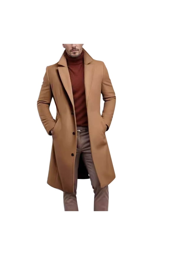 Men's Wool Blend Pea Coat Classic Notched Collar Single Breasted Mid-Long Overcoat Slim Fit Warm Winter Trench Coat
