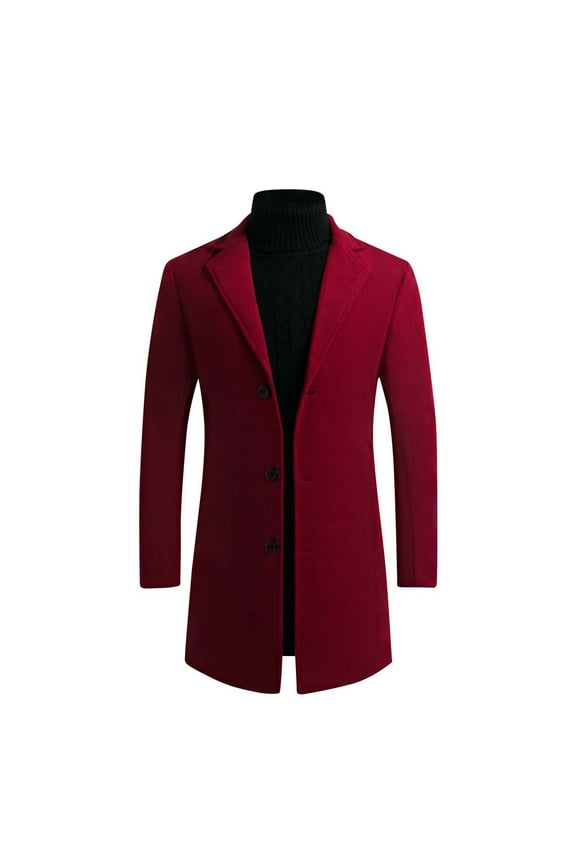 Men's Wool Blend Pea Coat Notched Lapel Collar Single Breasted Long Overcoat Warm Winter Trench Coat with Pockets