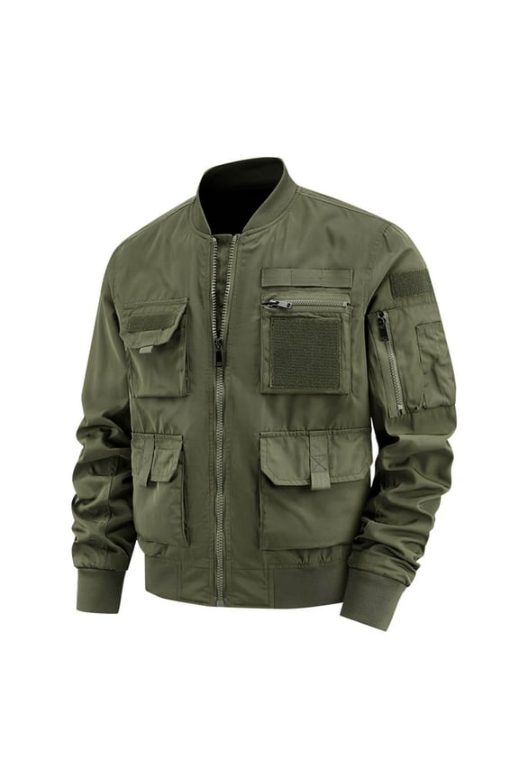 Men's Work Cargo Jacket Multi Pockets Zip Front Stand Collar Military Jackets Windbreaker Outdoor Hiking Casual Coat