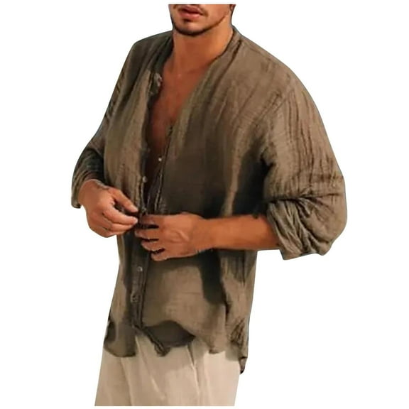 zfhfof Mens Button Down Shirts Casual Long Sleeve Cotton Linen Shirts Solid Plain Roll-Up Sleeve Summer Beach Shirts