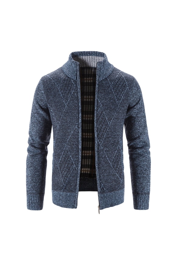 Mens Cardigan Sweaters Full Zip Long Sleeve Casual Cardigans Stand Collar Thick Knit Sweater Jackets with Soft Brushed Flannel Lining
