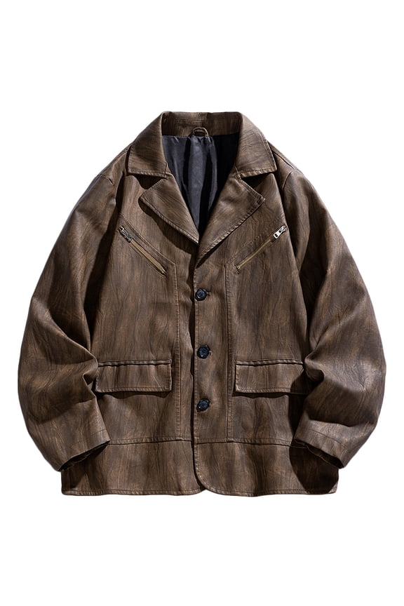 Mens Casual Faux Leather Blazer Jackets Vintage Notched Collar Trench Coat Button Down Long Sleeve Motorcycle Jackets Windbreaker Outwear