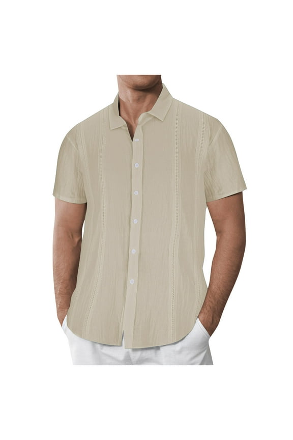 Mens Cotton Linen Cuban Guayabera Shirt Casual Short Sleeve Button Down Shirts Summer Beach Tops