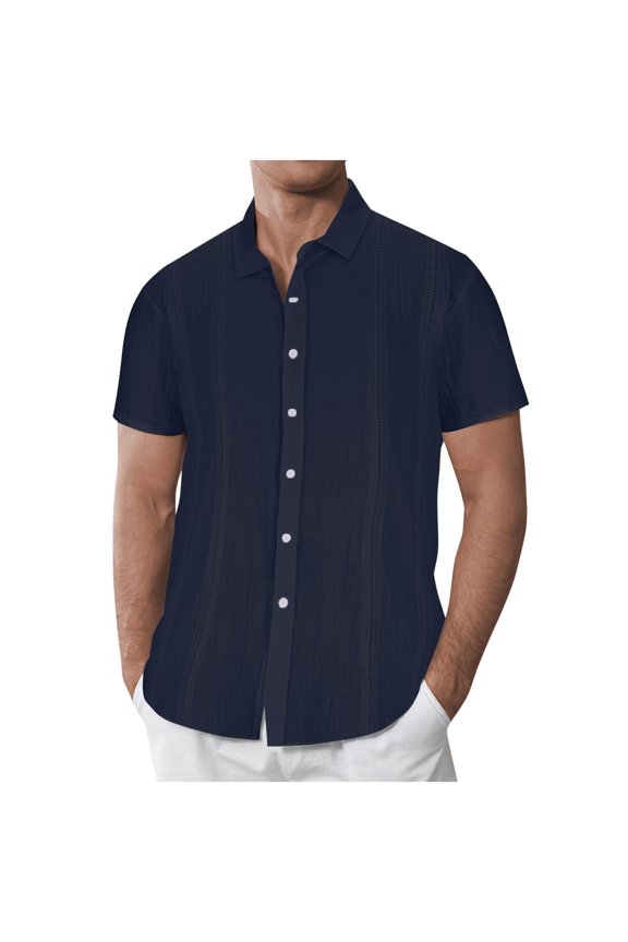 Mens Cotton Linen Cuban Guayabera Shirt Casual Short Sleeve Button Down Shirts Summer Beach Tops