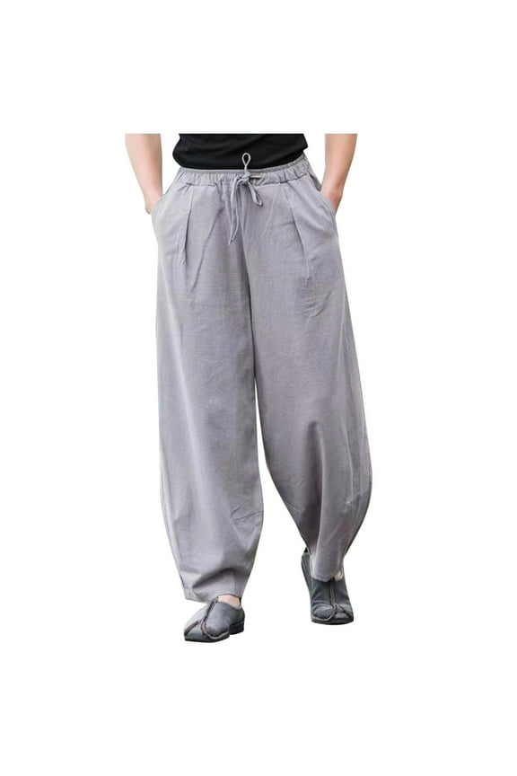 Mens Cotton Linen Harem Pants Elastic Drawstring Waist Lightweight Summer Beach Pants Baggy Yoga Trousers with Pockets
