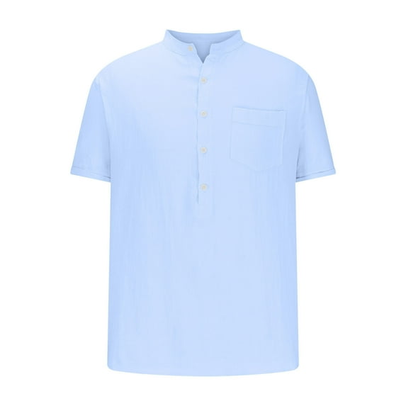 zfhfof Mens Cotton Linen Henley Shirts Short Sleeve Casual Shirt Summer Beach Hippie T-Shirt Banded Collar Shirt with Pocket