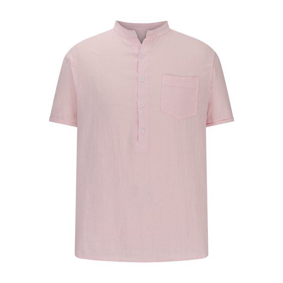 zfhfof Mens Cotton Linen Henley Shirts Short Sleeve Casual Shirt Summer Beach Hippie T-Shirt Banded Collar Shirt with Pocket