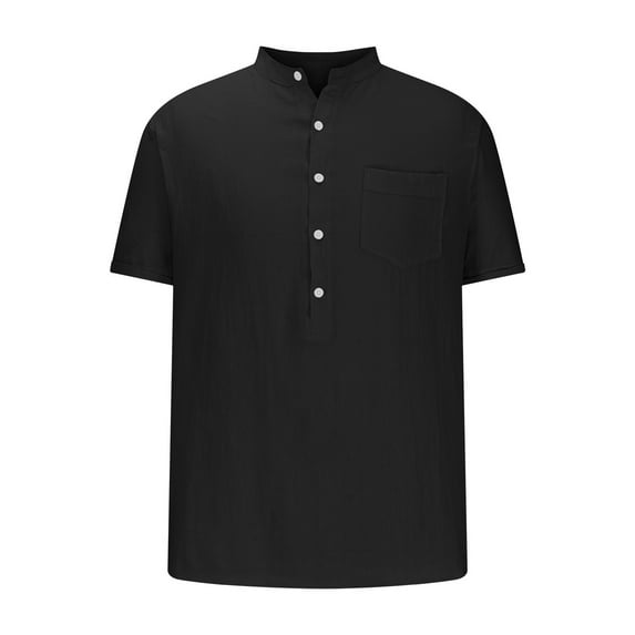 zfhfof Mens Cotton Linen Henley Shirts Short Sleeve Casual Shirt Summer Beach Hippie T-Shirt Banded Collar Shirt with Pocket