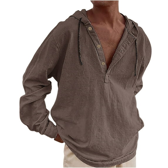 zfhfof Mens Cotton Linen Hoodies Lightweight Casual Beach Pullover Sweatshirt Long Sleeve V Neck Button Down Hooded Shirt