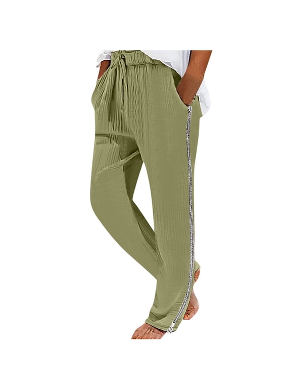 Mens Cotton Linen Pants with Side Zip Elastic Waisted Drawstring Straight Leg Trousers Casual Lightweight Loose Yoga Beach Pants