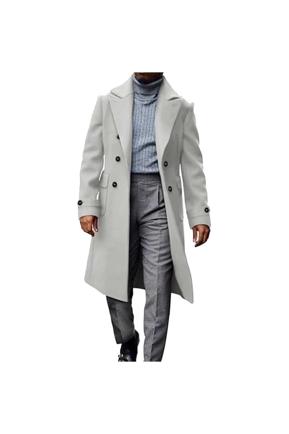 Mens Double Breasted Trench Coat Notched Lapel Mid Long Peacoat Classic Casual Fall Winter Business Work Overcoat with Pockets