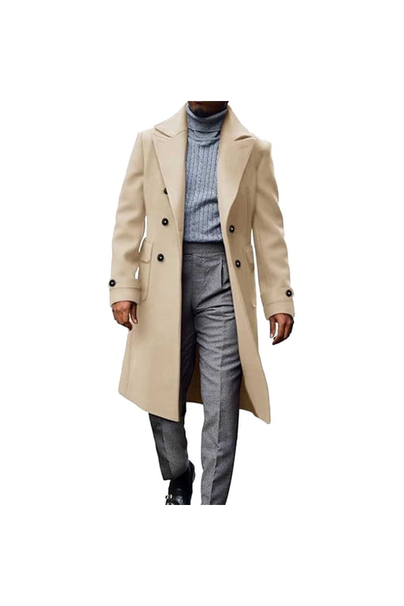 Mens Double Breasted Trench Coat Notched Lapel Mid Long Peacoat Classic Casual Fall Winter Business Work Overcoat with Pockets