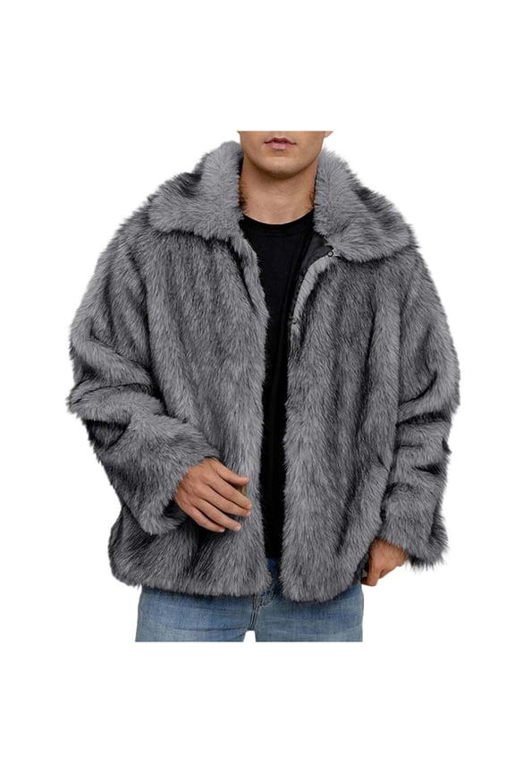 Mens Faux Fur Jacket Fluffy Furry Coats Lapel Collar Long Sleeve Outerwear Winter Warm Open Front Cardigan