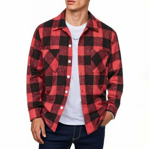 zfhfof Mens Flannel Shirts Jackets Casual Shackets Button Down Long Sleeve Plaid Shirt Lightweight Jacket Outwear with Pockets