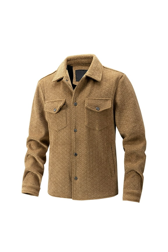 Mens Fleece Lined Tweed Coats Casual Snap Button Shacket Jackets Winter Thick Thermal Lapel Collar Jacket Coat with Flap Pockets