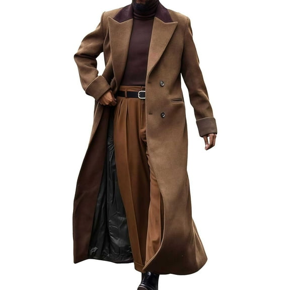zfhfof Mens Full Length Trench Coat Notch Lapel Long Jacket Casual Double Breasted Overcoat Fall Winter Wool Pea Coats with Pockets