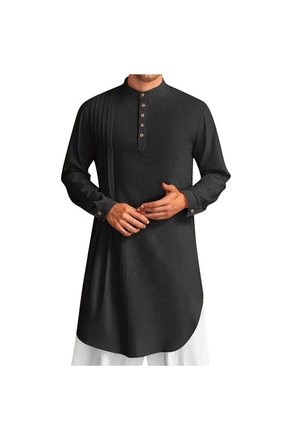 Mens Kaftan Thobe Button Down Long Sleeve Robe Casual Henley Shirts Cotton Linen Muslim Gown Tops