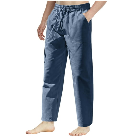 zfhfof Mens Linen Casual Pants Lightweight Drawstring Beach Pants Elastic Waist Yoga Summer Trousers with Pockets
