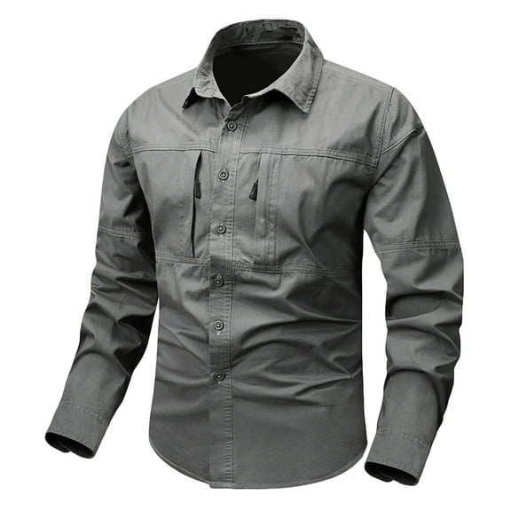 zfhfof Mens Long Sleeve Fishing Shirts Lightweight Quick Dry Button Down Shirts Outdoor Travel Hiking Cargo Shirt with 2 Zip Pockets