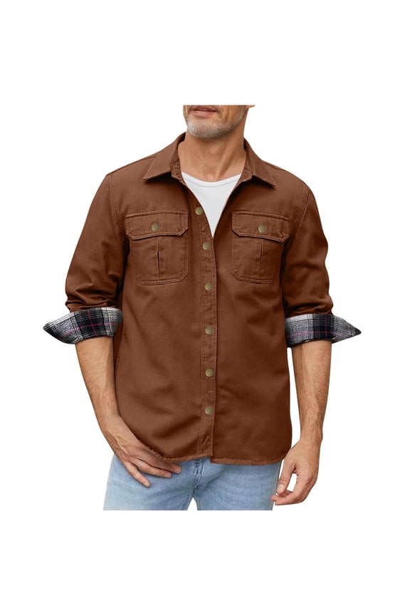 Mens Plaid Flannel Lined Shirt Jacket Lapel Collar Snap Button Shacket Western Cowboy Cargo Trucker Jackets with Multi Pockets