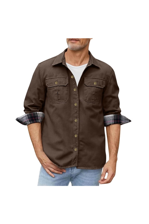 Mens Plaid Flannel Lined Shirt Jacket Lapel Collar Snap Button Shacket Western Cowboy Cargo Trucker Jackets with Multi Pockets