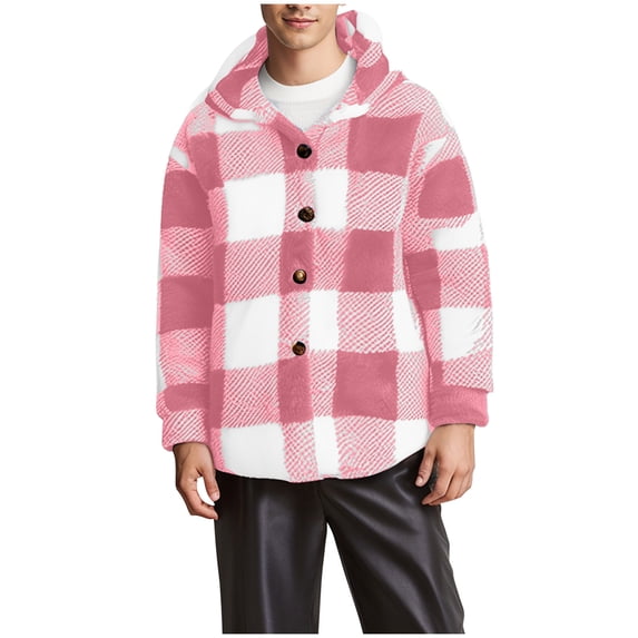 zfhfof Mens Plaid Fuzzy Fleece Jacket Casual Long Sleeve Button Down Hooded Winter Coats Sherpa Warm Sweatshirts Outerwear