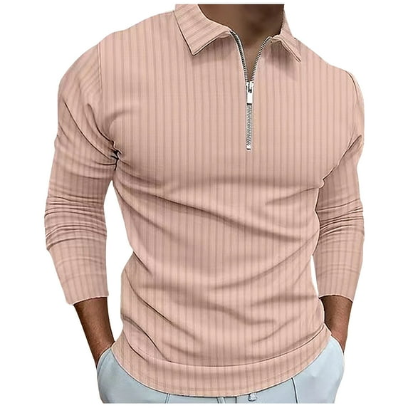 zfhfof Mens Polo Shirts Ribbed Quarter Zip Shirts Casual Stripe Classic Lightweight Long Sleeve Lapel Collared Golf T Shirt