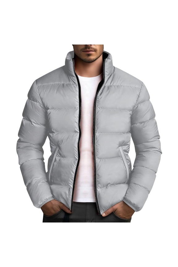 Mens Puffer Jacket Stand Collar Quilted Padded Jacket Long Sleeve Zip Up Winter Down Coats Thick Warm Windproof Outwear with Pockets