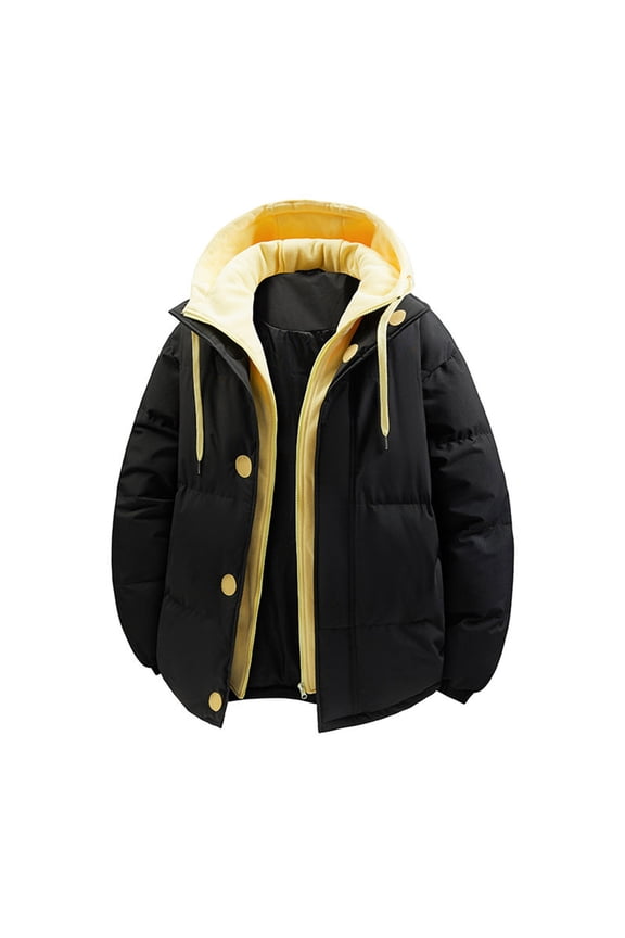 Mens Puffer Jackets Thickened Winter Coats Warm Casual Color Block Zip Up Quilted Padded Jacket Ski Bubble Coat with Hood