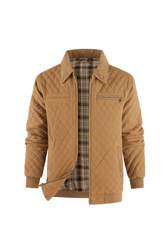 Mens Quilted Jacket Thickened Flannel Plaid Lined Jackets Winter Warm Full Zip Up Laple Casual Windproof Padded Coats