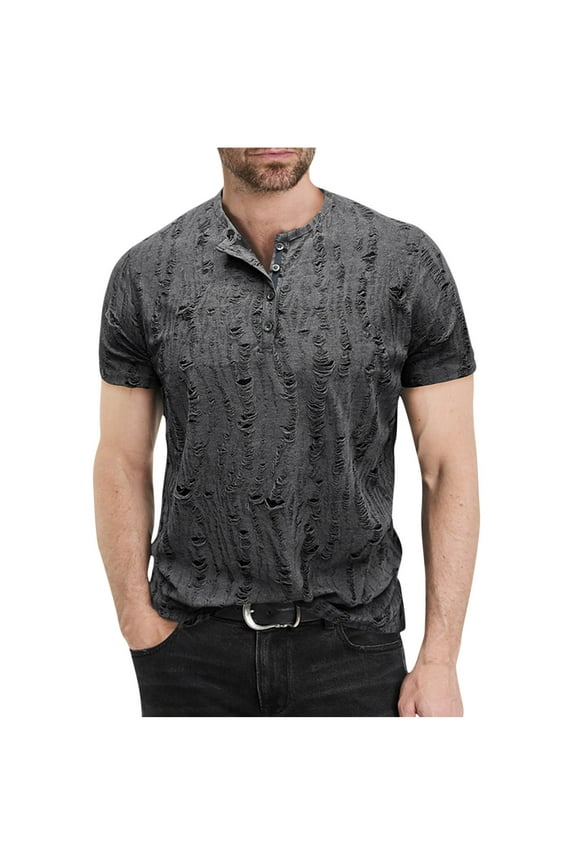 Mens Ripped Distressed Henley Shirts Retro Short Sleeve Tee Shirts Casual Button V-Neck Washed T-Shirts for Men