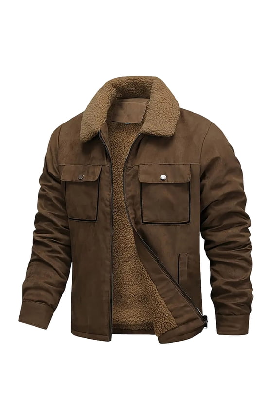 Mens Shearling Bomber Coats Zip Up Lapel Winter Warm Faux Suede Jackets Vintage Sherpa Fleece Lined Overcoats with Pockets