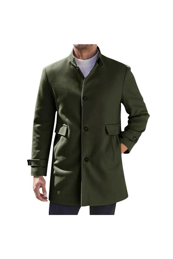 Mens Single Breasted Trench Coat Winter Wool Blend Pea Coat Warm Stand Collar Work Business Jacket Outerwear