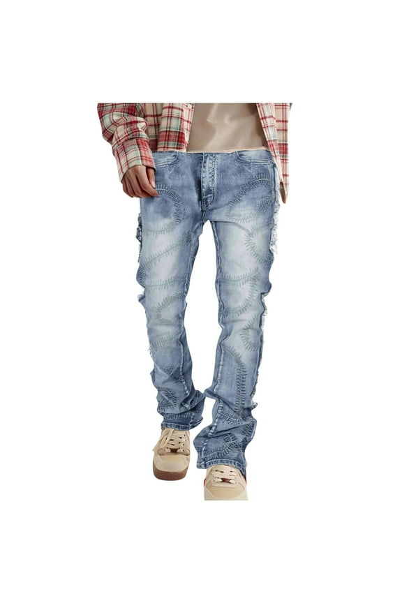 Mens Stacked Jeans Slim Fit Ripped Jeans Pants Destroyed Straight Leg Denim Pants Harajuku Hip Hop Trouser Streetwear