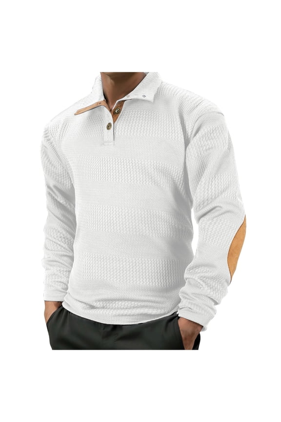 Mens Sweatshirt Henley Shirts Long Sleeve Elbow Patch Draped Pullover Casual Stand Collar Button Shirt