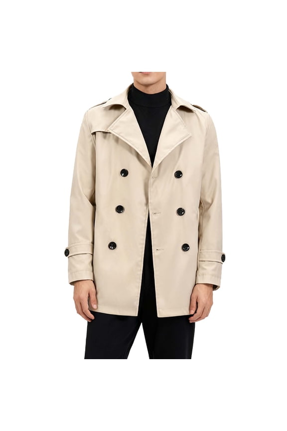 Mens Trench Coat Notched Lapel Double Breasted Mid Long Jacket Fall Casual Windbreaker Overcoat with Pockets