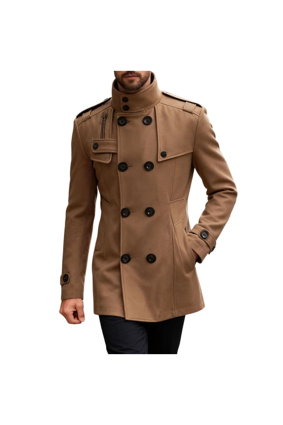 Mens Trench Coat Slim Fit Wool Business Double Breasted Stand Collar Overcoat Warm Fall Winter Casual Peacoat Jacket