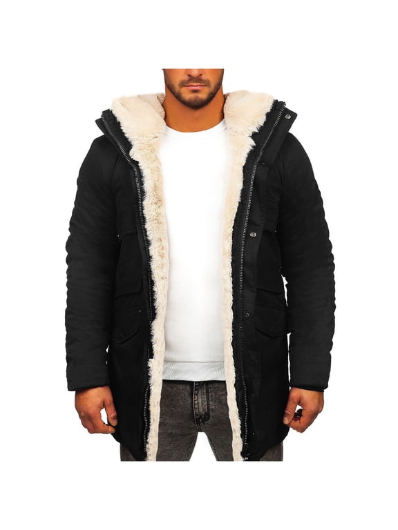 Mens Winter Coat Warm Thicken Sherpa Fleece Lined Parka Long Trench Jacket Hooded Outdoor Overcoat with Pockets