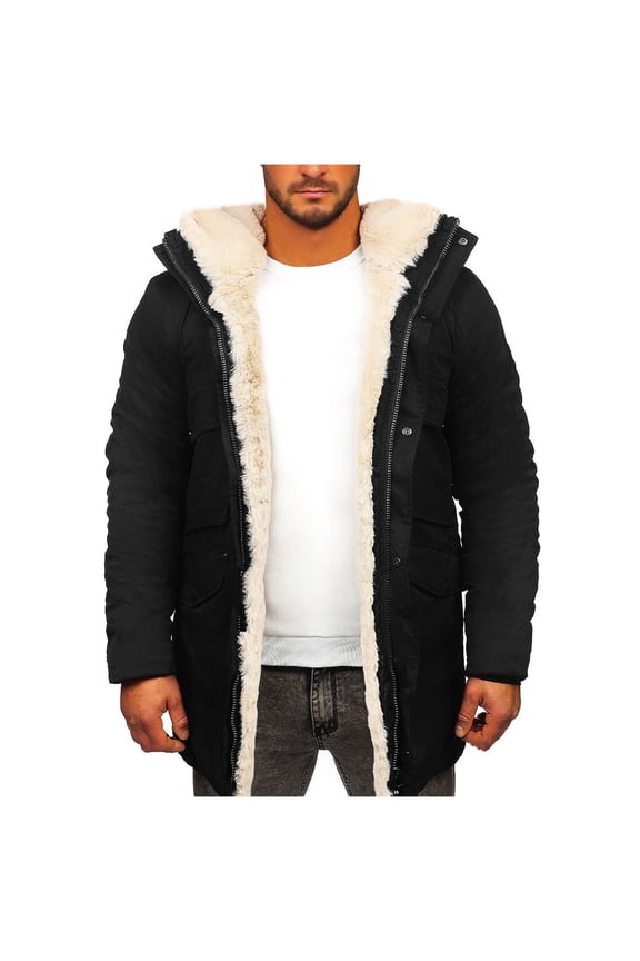 Mens Winter Coat Warm Thicken Sherpa Fleece Lined Parka Long Trench Jacket Hooded Outdoor Overcoat with Pockets